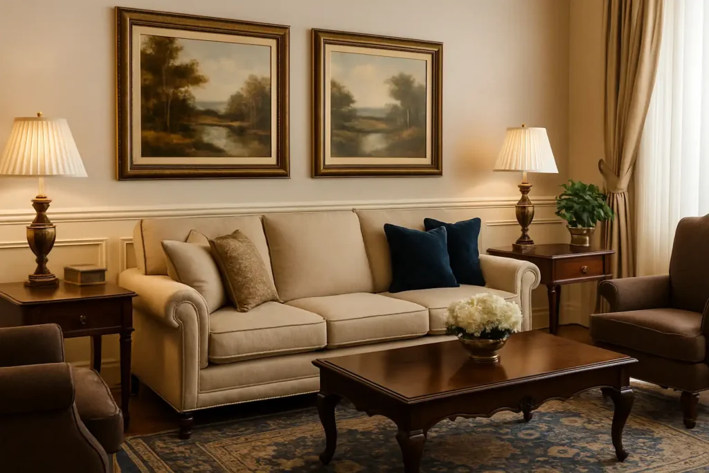 Traditional interior design style living room with beige upholstery, dark wood furniture, framed art, and classic symmetrical decor