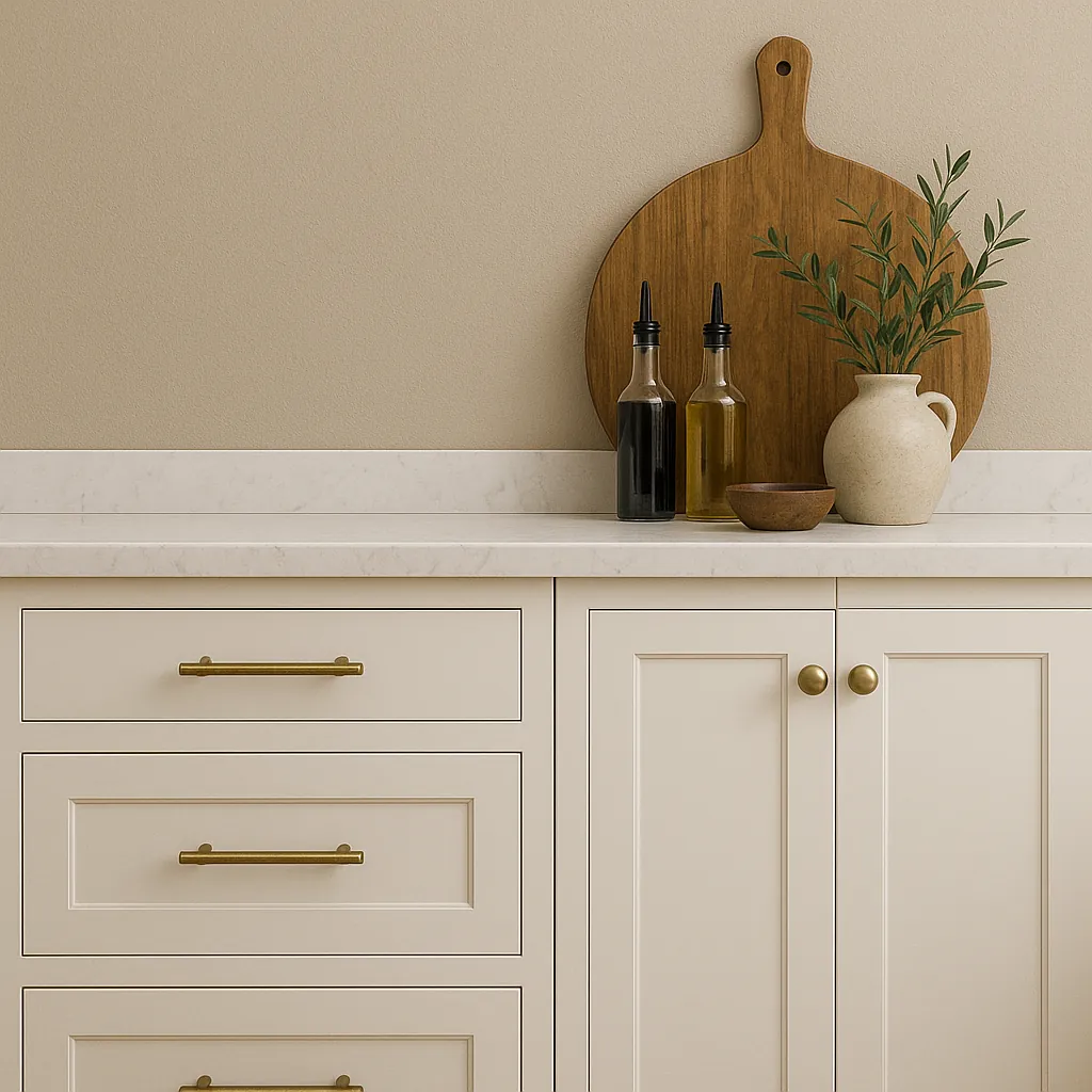White kitchen cabinets with upgraded brass handles and knobs, styled with a ceramic jug, olive oil bottles, and a wooden cutting board for a high-end custom look.