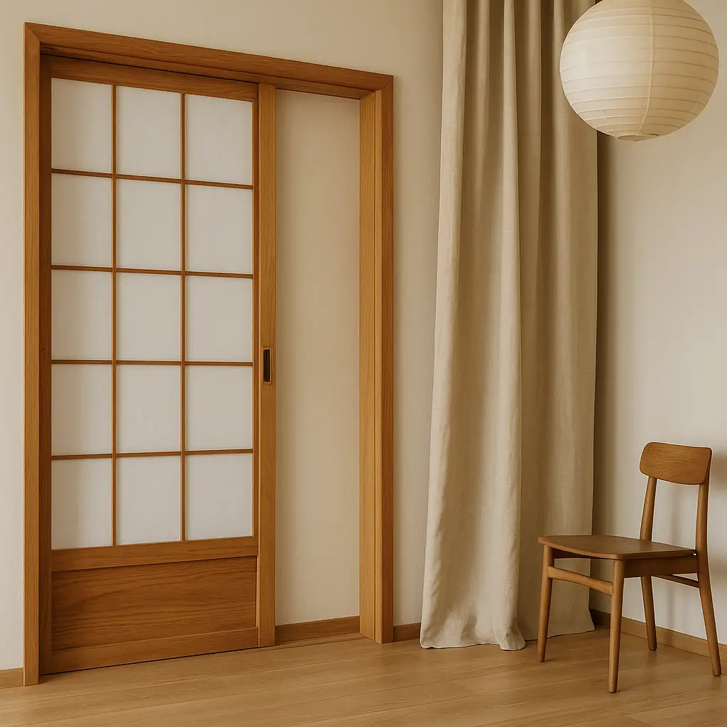 A Japanese-inspired interior with a shoji sliding door, soft curtain, and simple wooden chair — capturing home decor trends focused on flexibility and flow using movable partitions and fabric dividers.