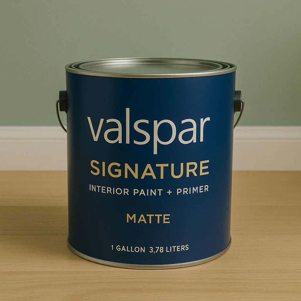 A 1-gallon can of Valspar Signature Interior Paint + Primer in matte finish, with a deep blue body and gold text, set on a light wood floor against a soft sage green wall.