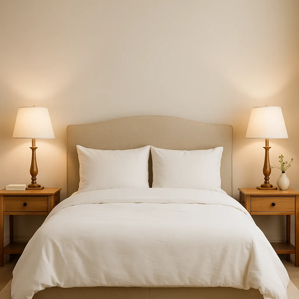 Symmetrical bedroom setup with a beige upholstered bed, white bedding, and matching wooden nightstands and brass table lamps on each side. 