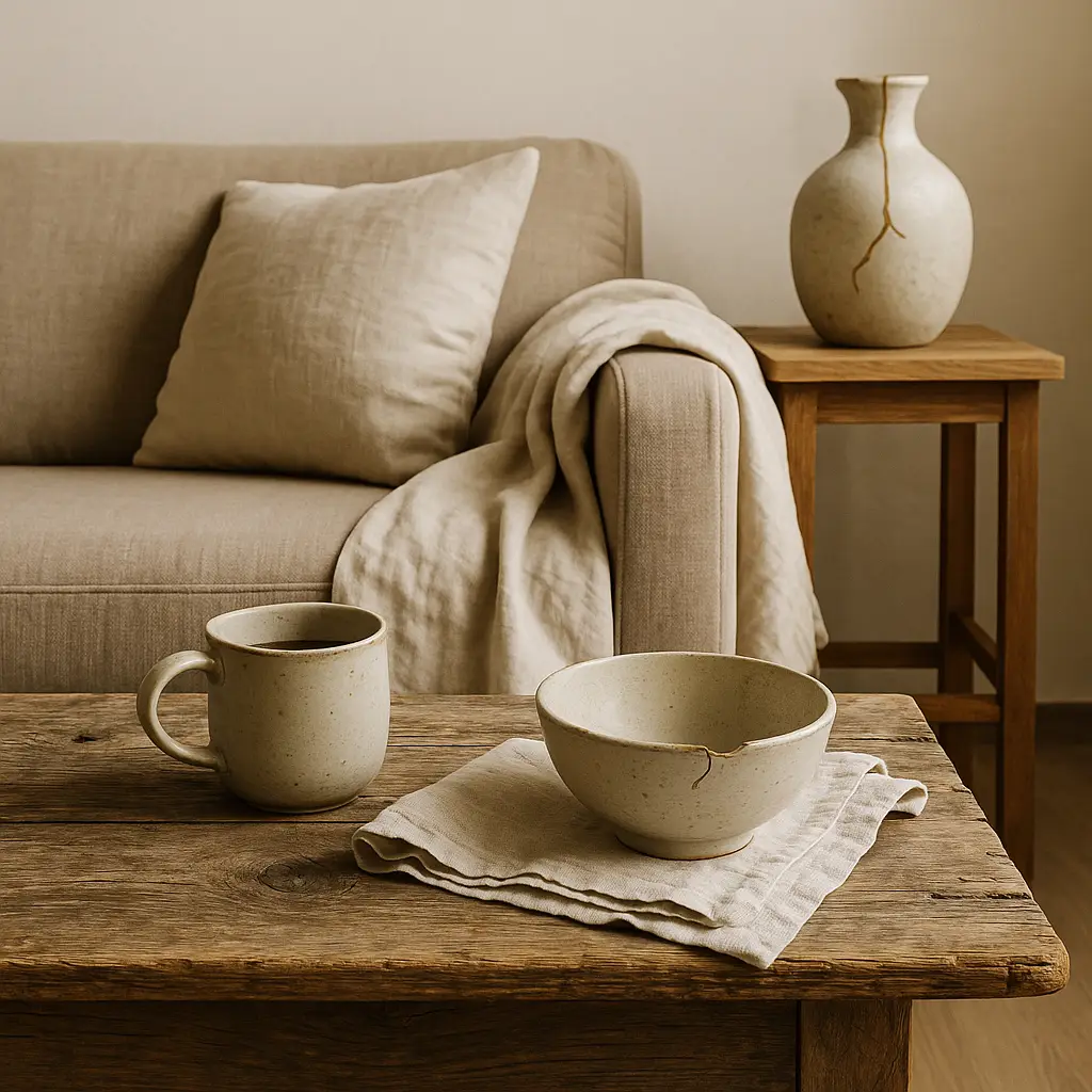 A cozy wabi-sabi living room with a chipped ceramic bowl, hand-thrown mug, and cracked vase on rustic wood — celebrating Japanese home decor trends of imperfection and calm beauty.