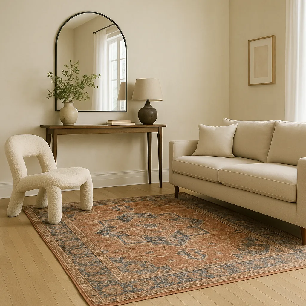 Living room featuring a bold vintage Persian rug, sculptural boucle chair, and arched mirror, styled to highlight a single standout decor piece. 